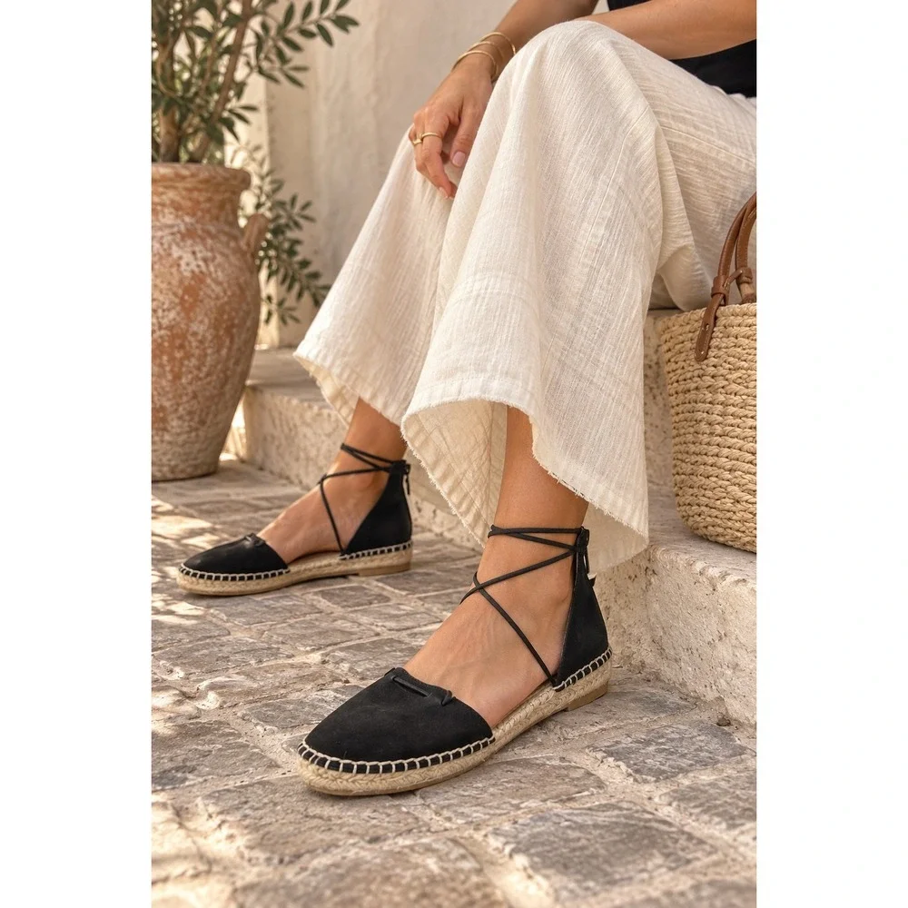 Eileen Fisher Lace Leather Espadrille Flats 8.5 Black Ankle Wrap Coastal Boho